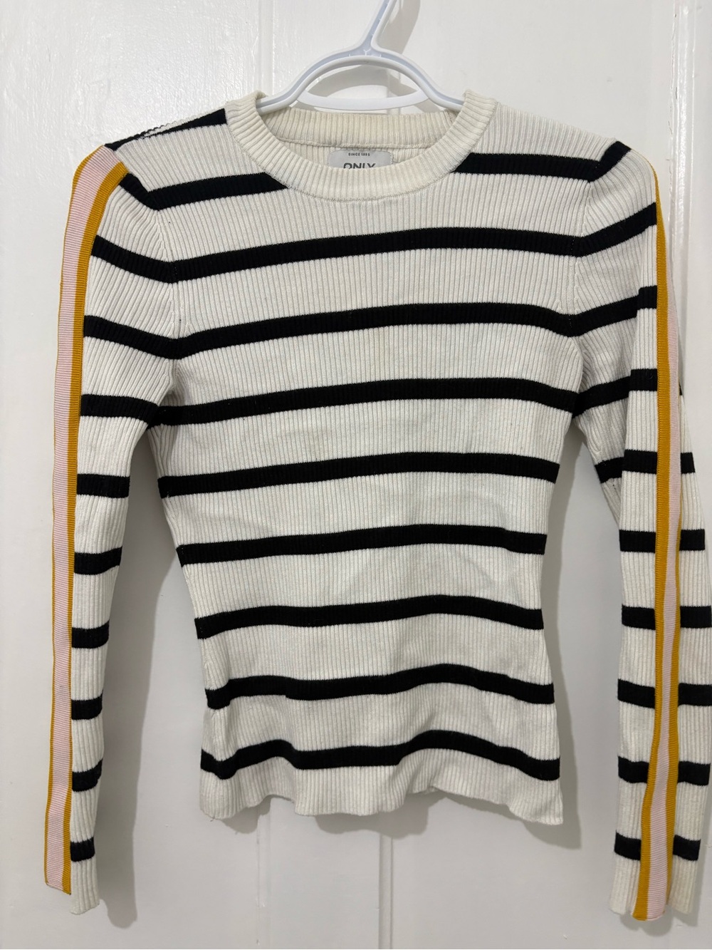 ONLY Cream and Black Ribbed Crewneck Sweater
